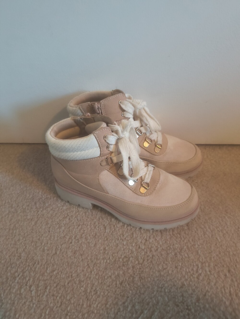 Girls Beige Suede Hiker Boots with White Trim